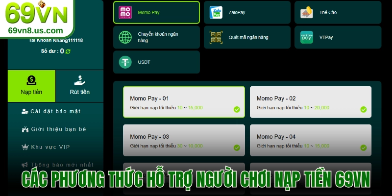 Các phương thức hỗ trợ người chơi nạp tiền 69vn